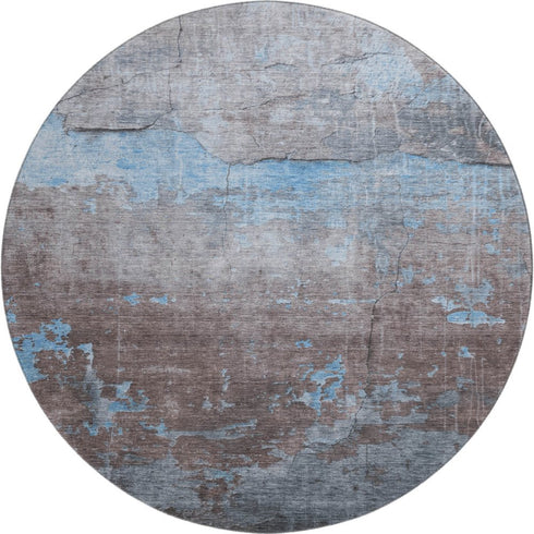 8' Sky Blue Gray And Silver Abstract Washable Round Rug With UV Protection