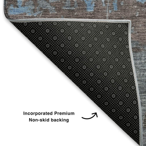 8' Sky Blue Gray And Silver Abstract Washable Round Rug With UV Protection