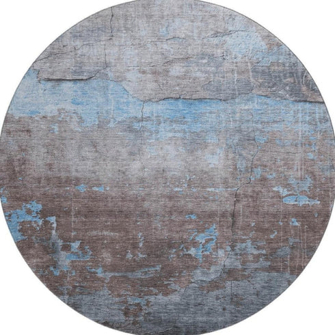 8' Sky Blue Gray And Silver Abstract Washable Round Rug With UV Protection