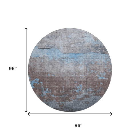 8' Sky Blue Gray And Silver Abstract Washable Round Rug With UV Protection