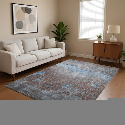 8' X 10' Sky Blue Gray And Silver Abstract Washable Area Rug With UV Protection