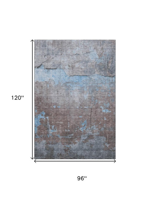 8' X 10' Sky Blue Gray And Silver Abstract Washable Area Rug With UV Protection