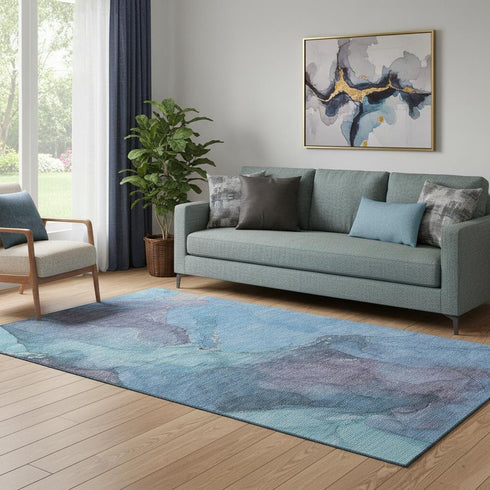 5' X 8' Blue And Gray Abstract Washable Area Rug With UV Protection