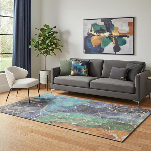 5' X 8' Blue Green And Orange Abstract Washable Area Rug With UV Protection