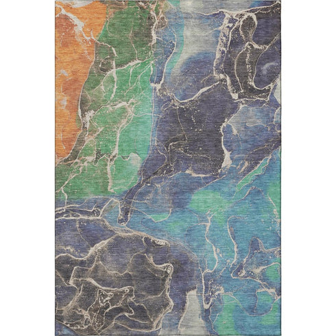 5' X 8' Blue Green And Orange Abstract Washable Area Rug With UV Protection