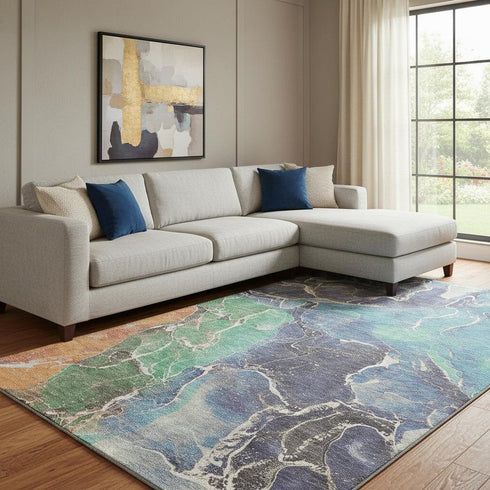 8' X 10' Blue Green And Orange Abstract Washable Area Rug With UV Protection