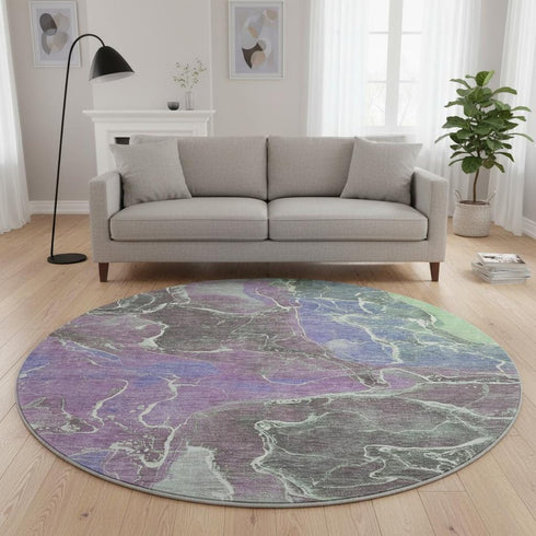 8' Purple Blue And Green Abstract Washable Round Rug With UV Protection