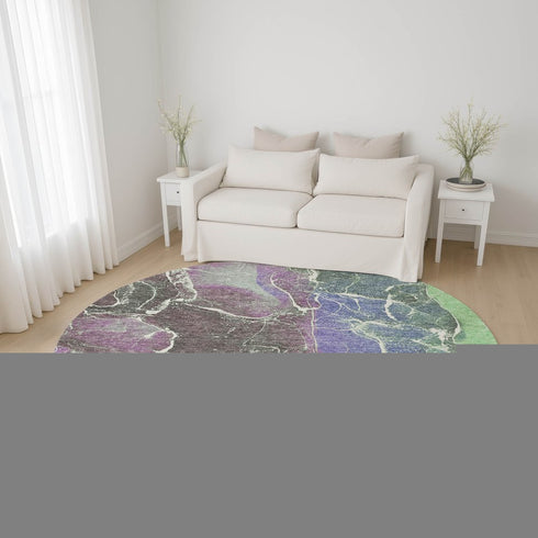 8' Purple Blue And Green Abstract Washable Round Rug With UV Protection