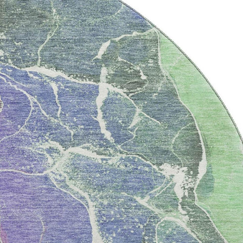 8' Purple Blue And Green Abstract Washable Round Rug With UV Protection