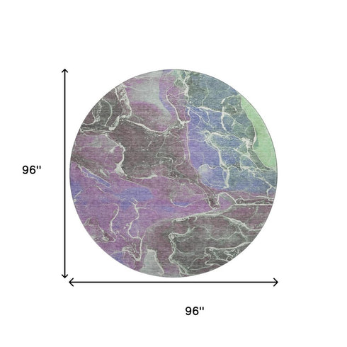 8' Purple Blue And Green Abstract Washable Round Rug With UV Protection