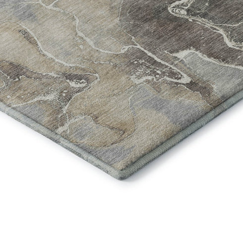 8' Taupe Brown And Gray Abstract Washable Round Rug With UV Protection