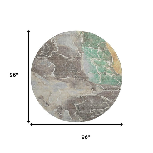 8' Taupe Brown And Gray Abstract Washable Round Rug With UV Protection