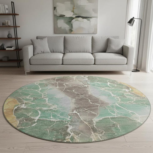8' Taupe Brown And Gray Abstract Washable Round Rug With UV Protection