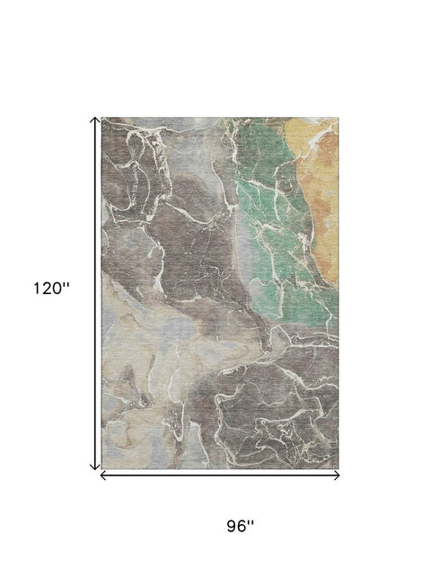 8' X 10' Taupe Brown And Gray Abstract Washable Area Rug With UV Protection