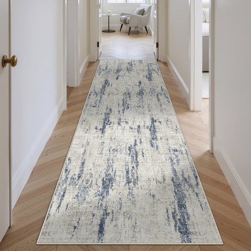8' X 10' Ivory And Slate Blue Abstract Washable Area Rug