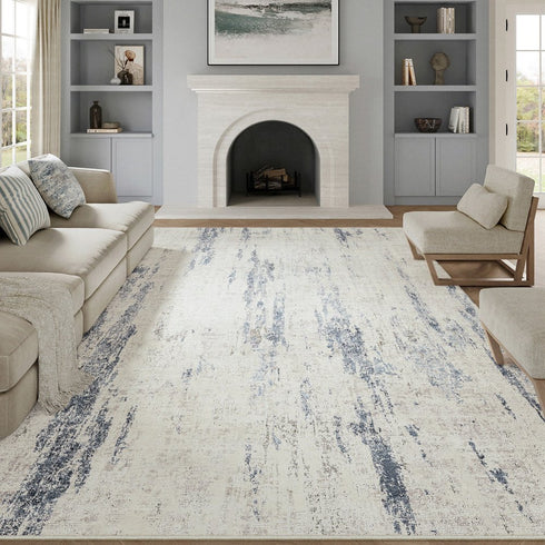 8' X 10' Ivory And Slate Blue Abstract Washable Area Rug