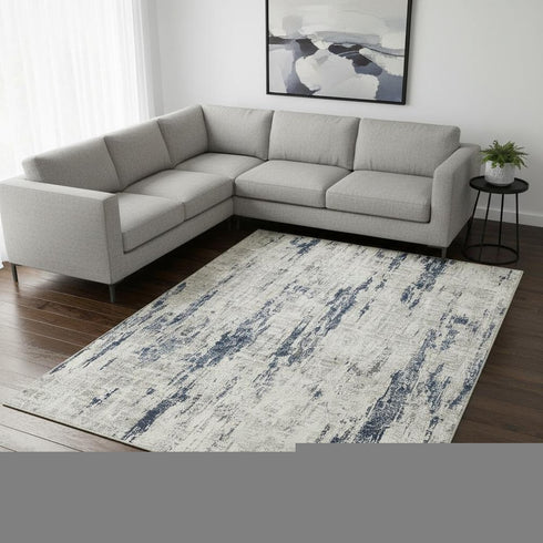 8' X 10' Ivory And Slate Blue Abstract Washable Area Rug