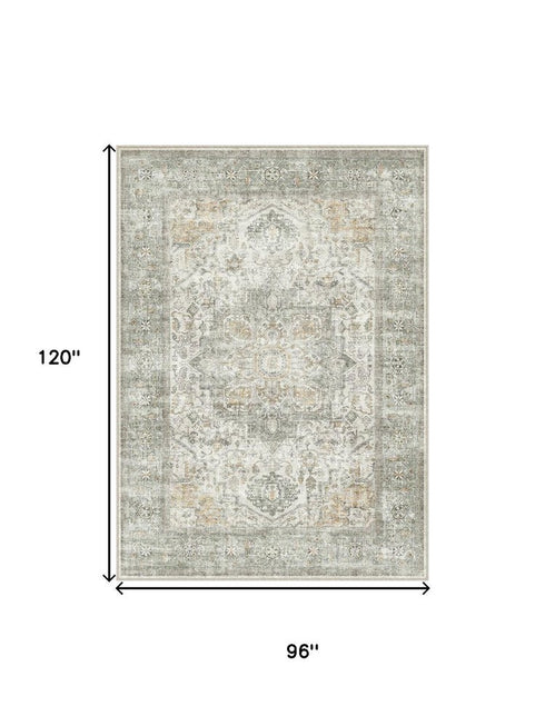 8' X 10' Brown Ivory And Light Green Floral Washable Area Rug