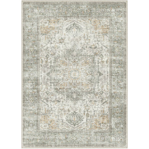 8' X 10' Brown Ivory And Light Green Floral Washable Area Rug