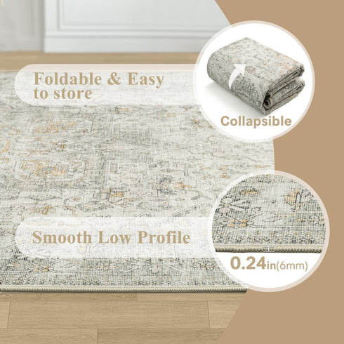 8' X 10' Brown Ivory And Light Green Floral Washable Area Rug