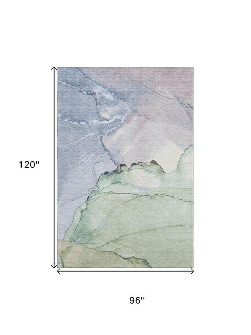 8' X 10' Artichoke Green Lavender And Ivory Abstract Washable Area Rug With UV Protection