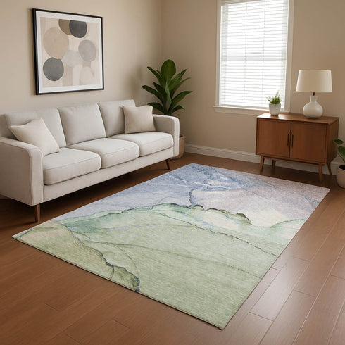 8' X 10' Artichoke Green Lavender And Ivory Abstract Washable Area Rug With UV Protection