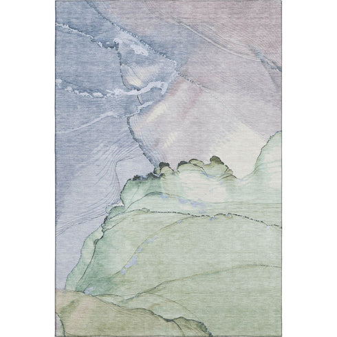8' X 10' Artichoke Green Lavender And Ivory Abstract Washable Area Rug With UV Protection