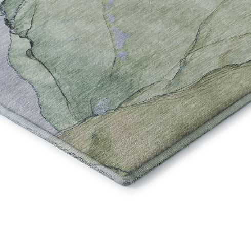 8' X 10' Artichoke Green Lavender And Ivory Abstract Washable Area Rug With UV Protection