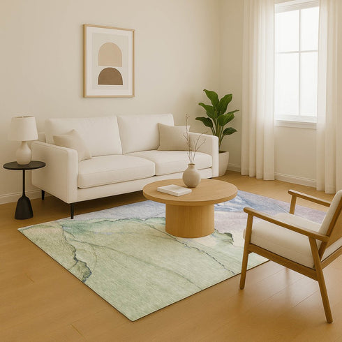 8' X 10' Artichoke Green Lavender And Ivory Abstract Washable Area Rug With UV Protection