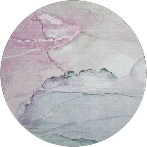 8' Pale Aqua Lavender And Ivory Abstract Washable Round Rug With UV Protection