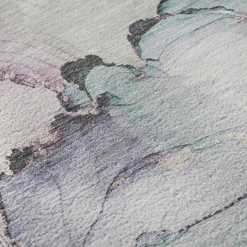 8' Pale Aqua Lavender And Ivory Abstract Washable Round Rug With UV Protection