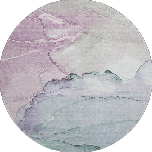 8' Pale Aqua Lavender And Ivory Abstract Washable Round Rug With UV Protection