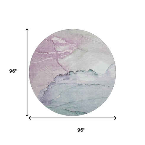 8' Pale Aqua Lavender And Ivory Abstract Washable Round Rug With UV Protection