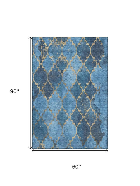 5' X 8' Blue And Gold Damask Washable Area Rug With UV Protection