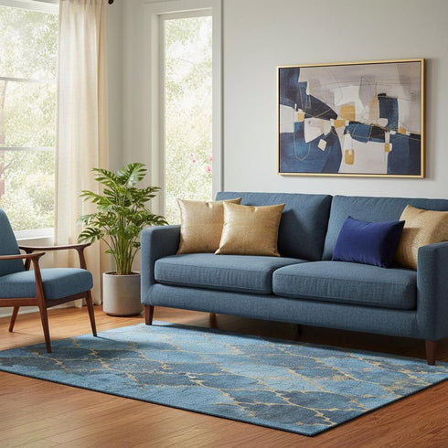 5' X 8' Blue And Gold Damask Washable Area Rug With UV Protection