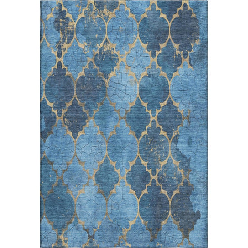 5' X 8' Blue And Gold Damask Washable Area Rug With UV Protection