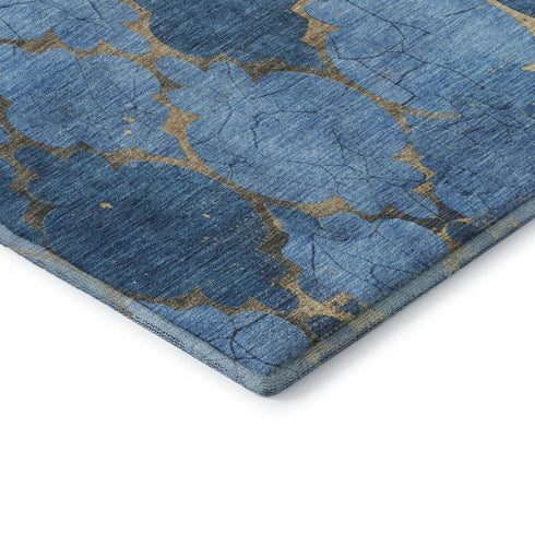 5' X 8' Blue And Gold Damask Washable Area Rug With UV Protection