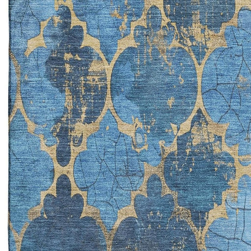 5' X 8' Blue And Gold Damask Washable Area Rug With UV Protection