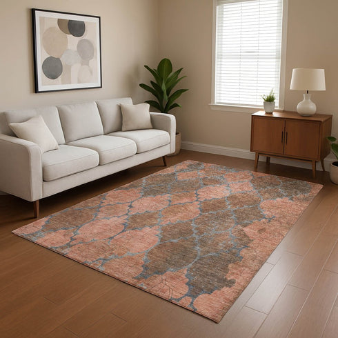 9' X 12' Copper And Gray Damask Washable Area Rug With UV Protection