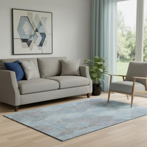 5' X 8' Denim Blue And Beige Damask Washable Area Rug With UV Protection
