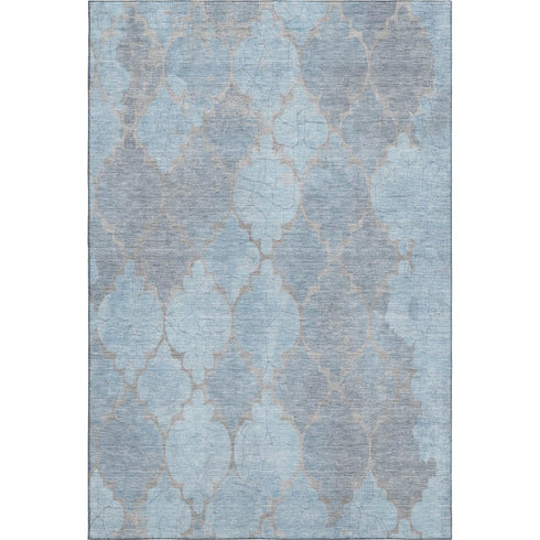 5' X 8' Denim Blue And Beige Damask Washable Area Rug With UV Protection
