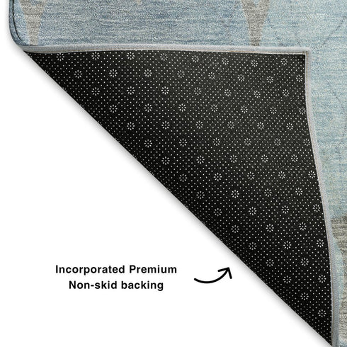 5' X 8' Denim Blue And Beige Damask Washable Area Rug With UV Protection