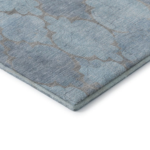 5' X 8' Denim Blue And Beige Damask Washable Area Rug With UV Protection