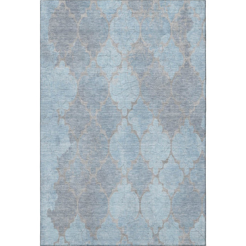 5' X 8' Denim Blue And Beige Damask Washable Area Rug With UV Protection