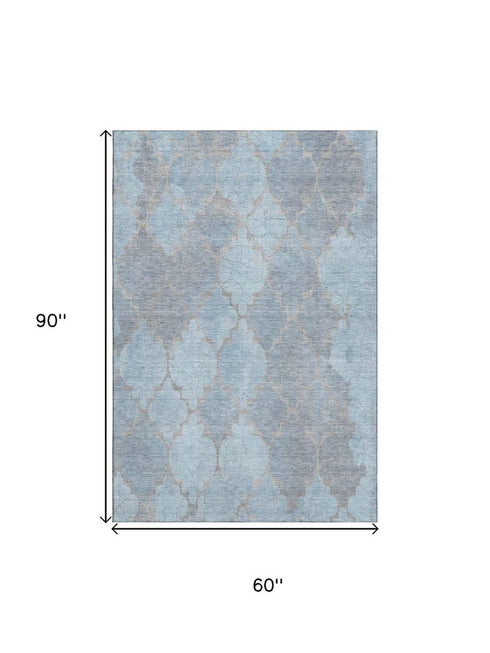 5' X 8' Denim Blue And Beige Damask Washable Area Rug With UV Protection
