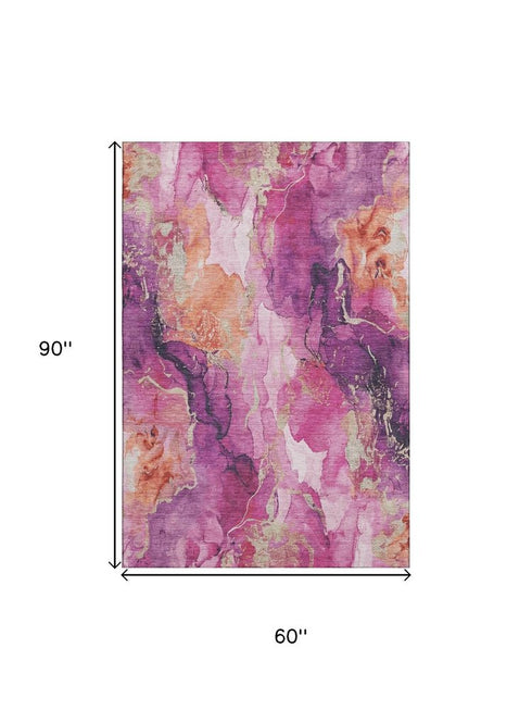 5' X 8' Burgundy And Salmon Abstract Washable Area Rug With UV Protection