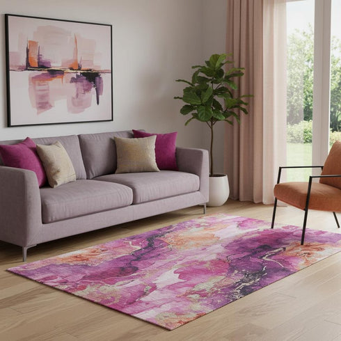5' X 8' Burgundy And Salmon Abstract Washable Area Rug With UV Protection