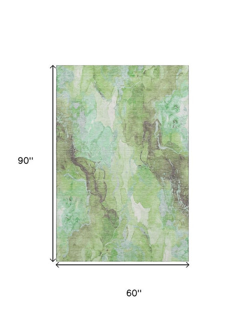 5' X 8' Green And Charcoal Abstract Washable Area Rug With UV Protection