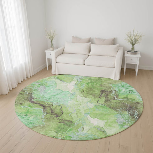 8' Green And Charcoal Abstract Washable Round Rug With UV Protection