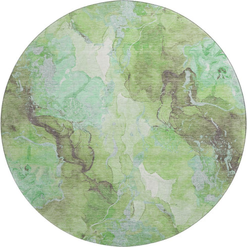 8' Green And Charcoal Abstract Washable Round Rug With UV Protection
